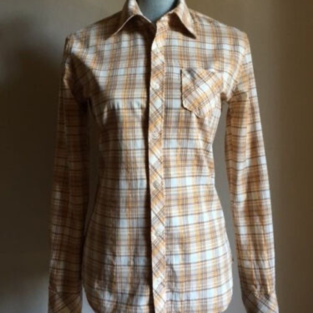 True Religion Women's Beige Plaid with Gold Cotton Shirt Blouse Size XS New